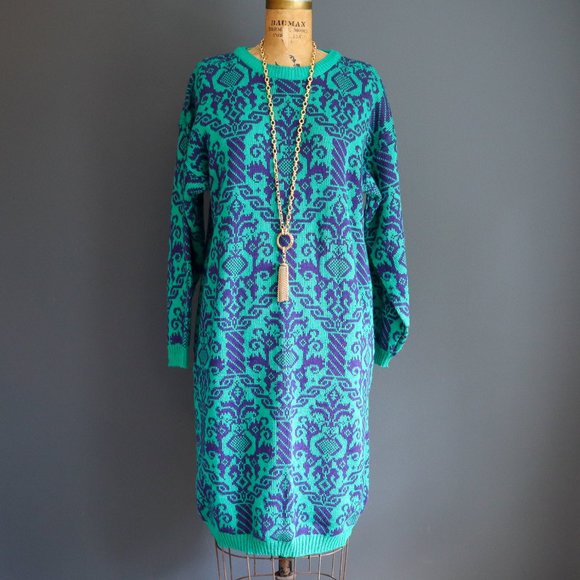 Vintage Dresses & Skirts - Purple and Green Acrylic Sweater Dress by DAKOTA
